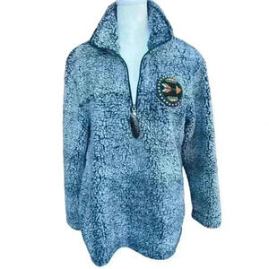 Blue & gray women’s Sherpa fleece 1/4 zip with Native American accents sz S